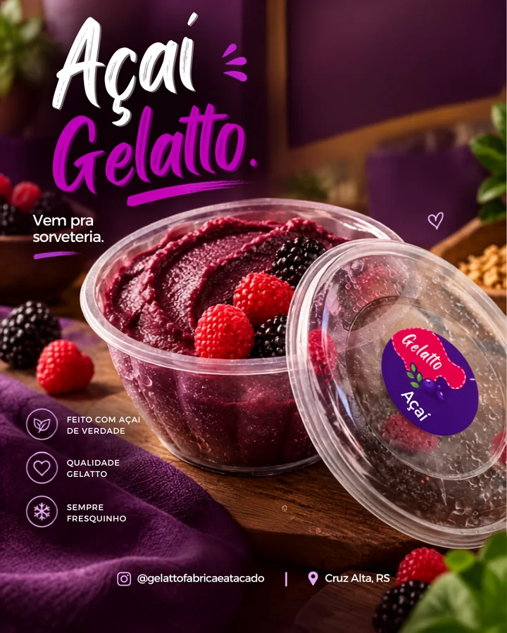 Arte promocional Açaí Gelatto, com pote de açaí, tampa e composição em tons roxos.
