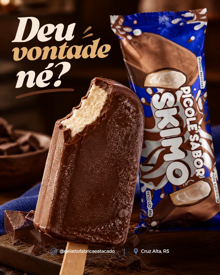 Campanha Gelatto: picolé Eskimo com cobertura de chocolate e sua embalagem, com a frase Deu vontade, né?
