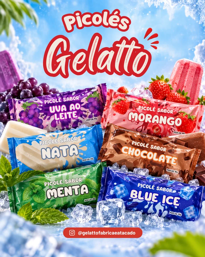 Campanha Picolés Gelatto com embalagens de uva ao leite, morango, nata, chocolate, menta e Blue Ice.